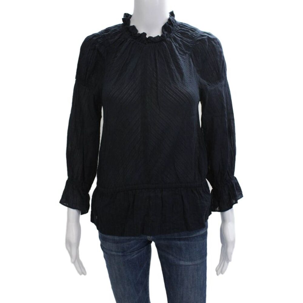 Derek Lam Women Dark Blue High Neck Cotton Blouse 3/4 Sleeve Petite Size S